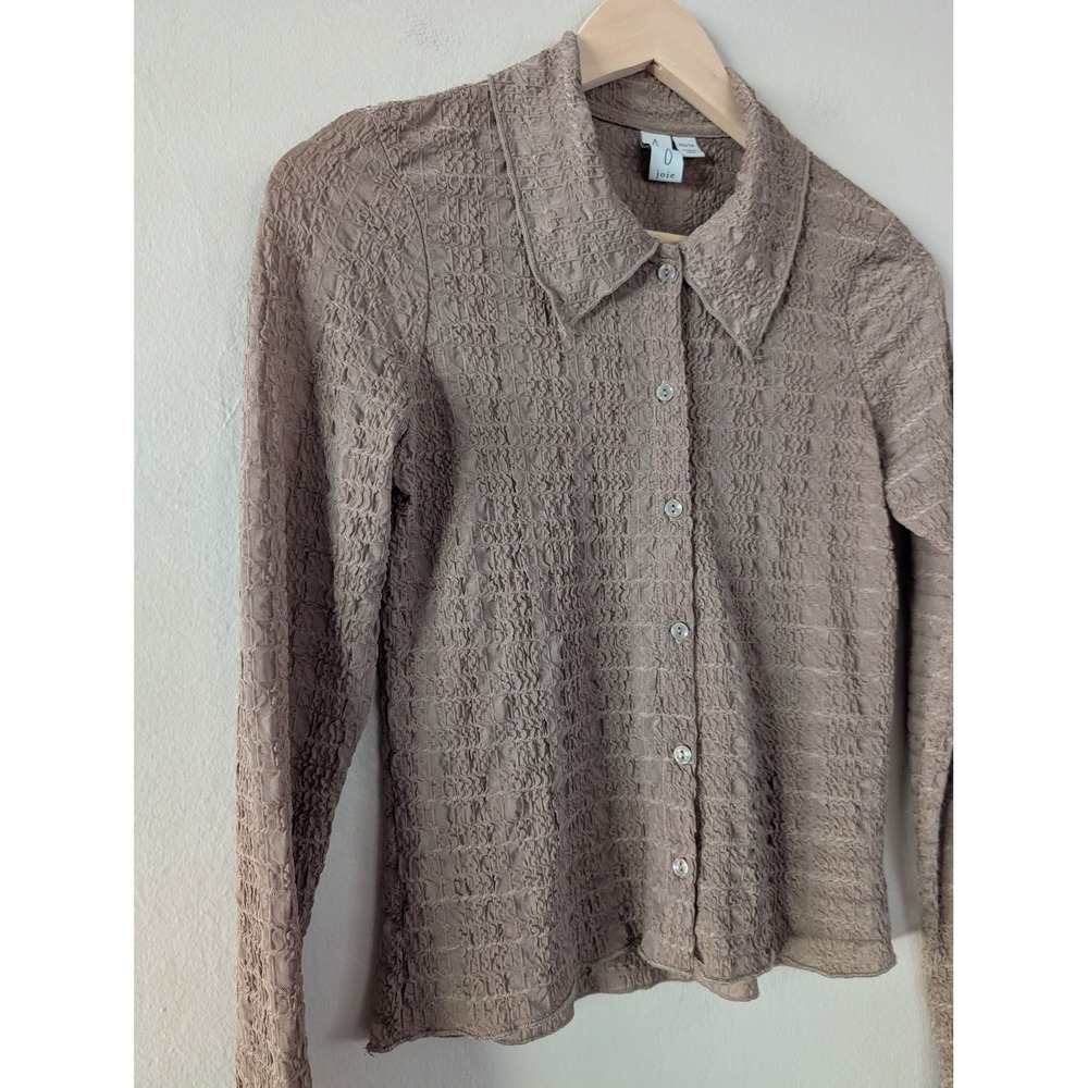 Joie Womens XS Taupe Smocked Crinkle Textured Button Down Shirt Fairy Goblincore - Picture 3 of 10